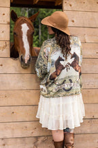 Vintage Horse Print Cropped Kimono