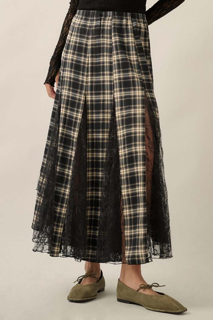 Plaid and Lace Godet Pleated Maxi Skirt