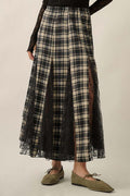 Plaid and Lace Godet Pleated Maxi Skirt