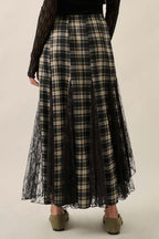 Plaid and Lace Godet Pleated Maxi Skirt