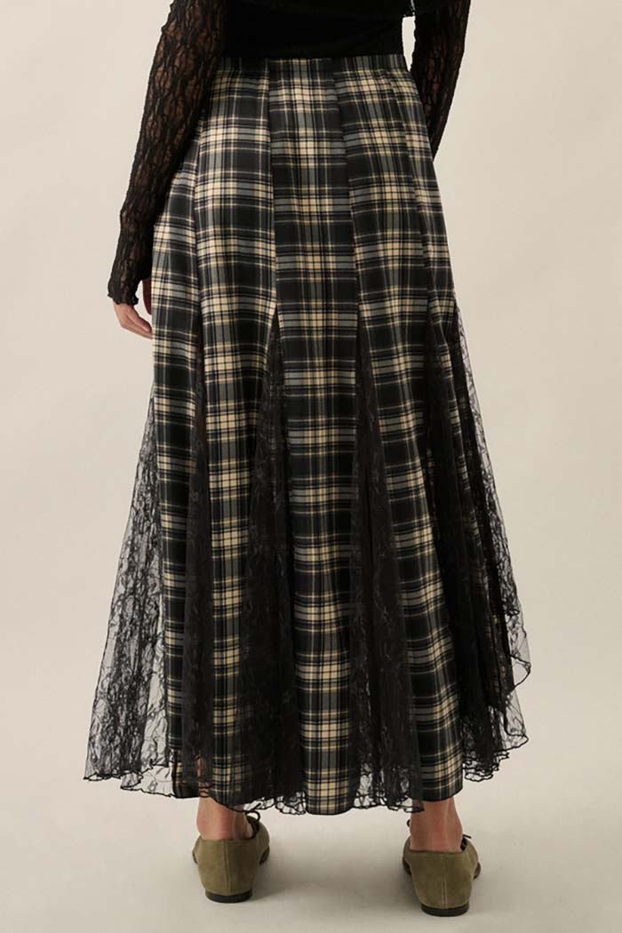 Plaid and Lace Godet Pleated Maxi Skirt