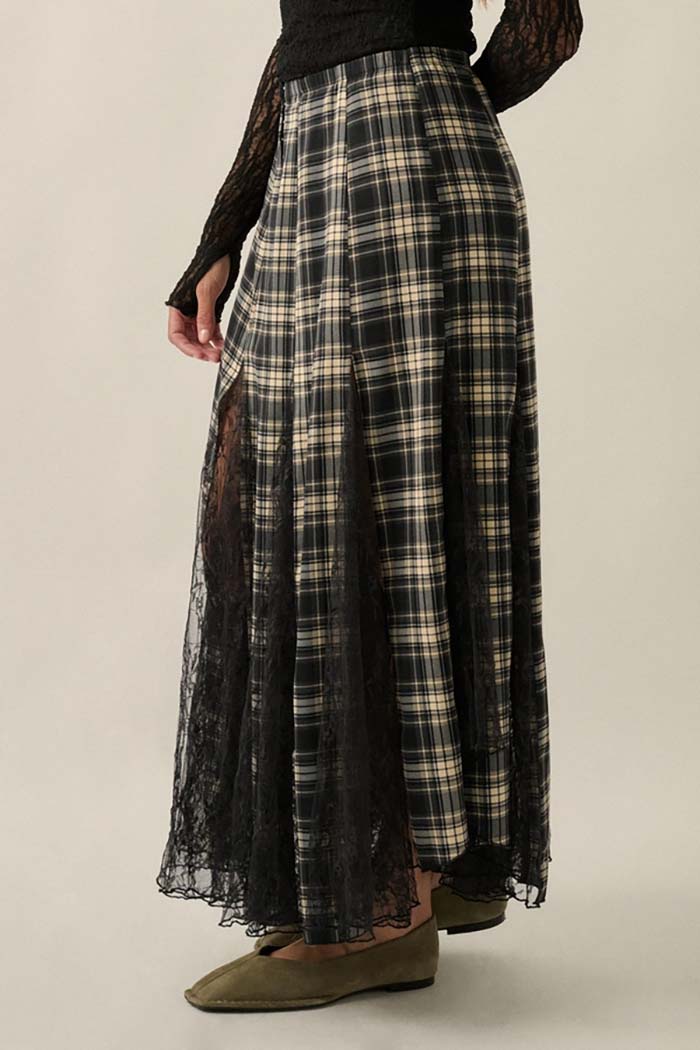 Plaid and Lace Godet Pleated Maxi Skirt