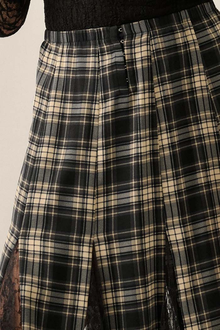 Plaid and Lace Godet Pleated Maxi Skirt
