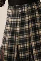 Plaid and Lace Godet Pleated Maxi Skirt