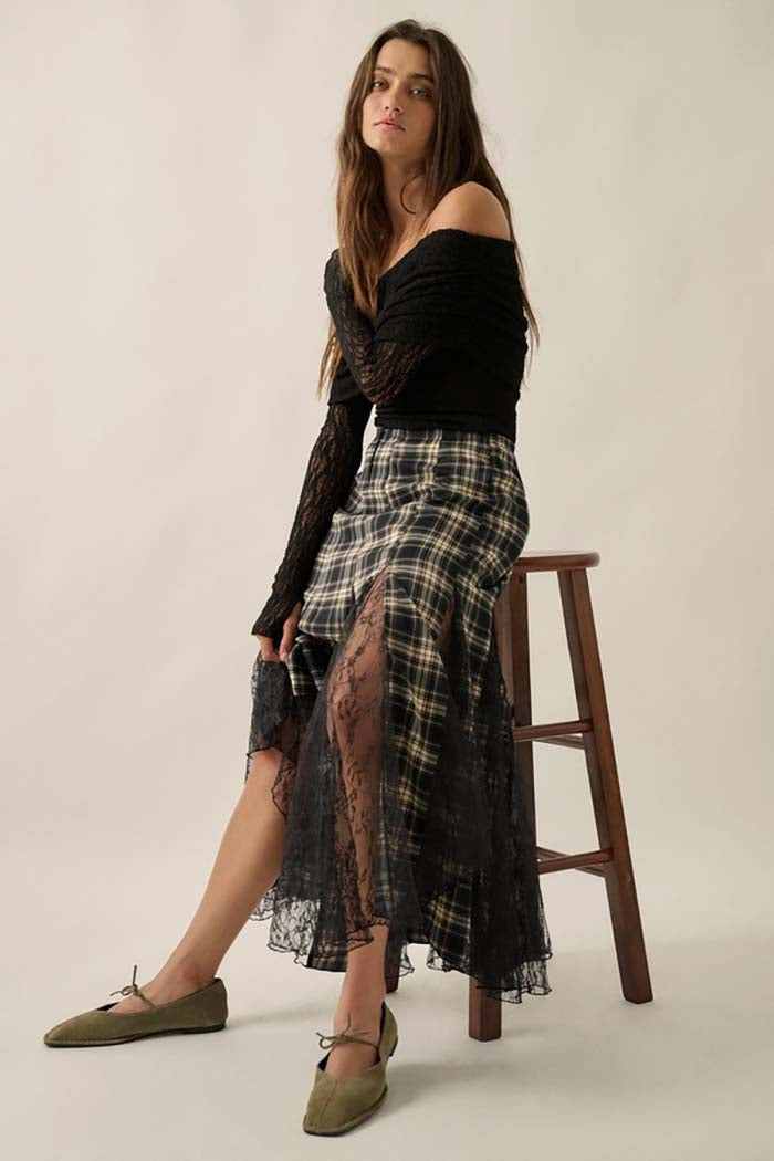 Plaid and Lace Godet Pleated Maxi Skirt
