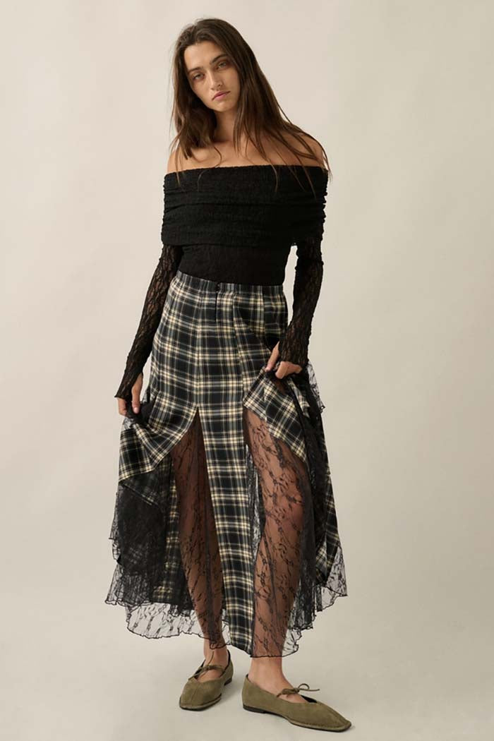 Plaid and Lace Godet Pleated Maxi Skirt
