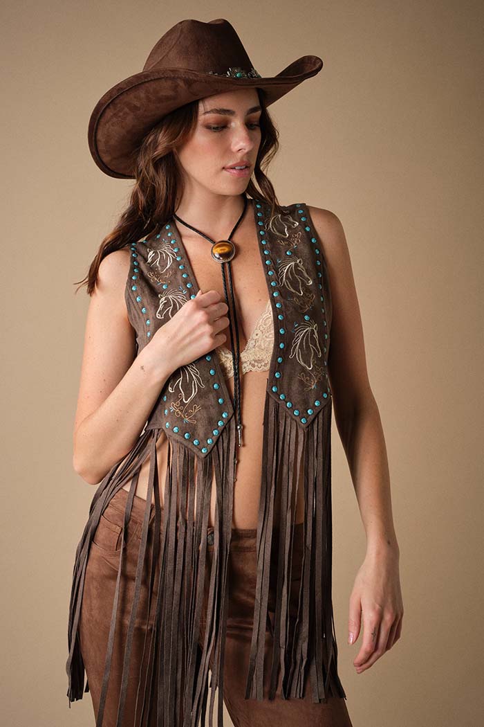 Western Horse Embroidered Fringe Vest