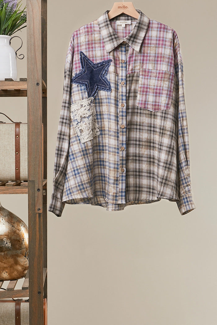 Star Patch Mixed Plaid Button-Down Shirt