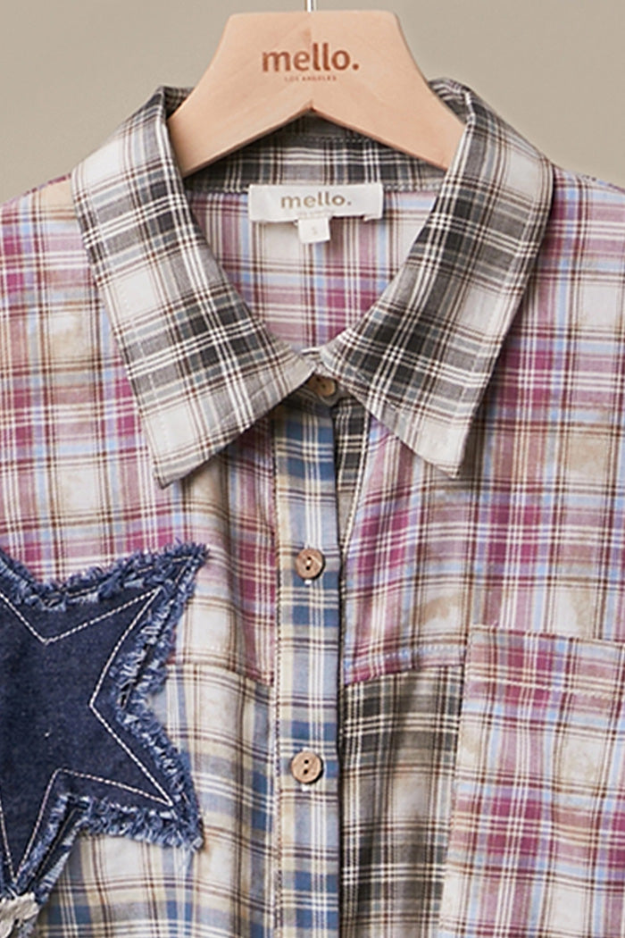Star Patch Mixed Plaid Button-Down Shirt