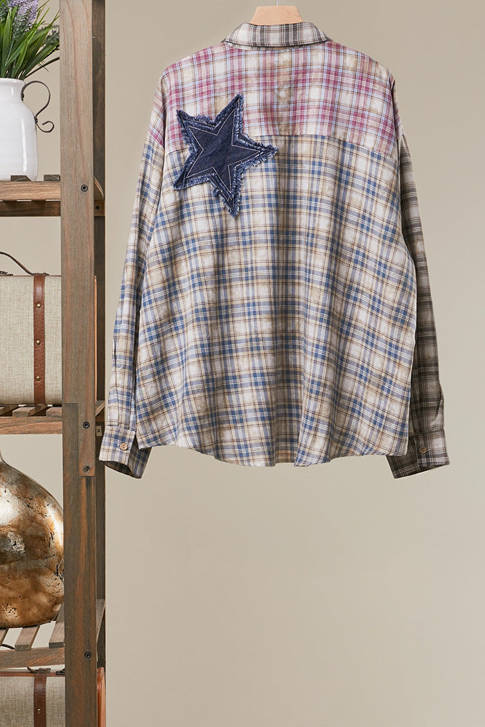 Star Patch Mixed Plaid Button-Down Shirt