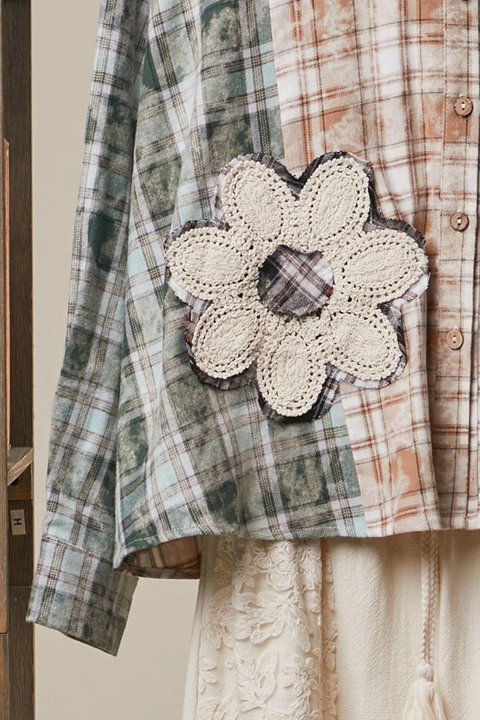 Vintage Patchwork Plaid Flower Shirt Jacket