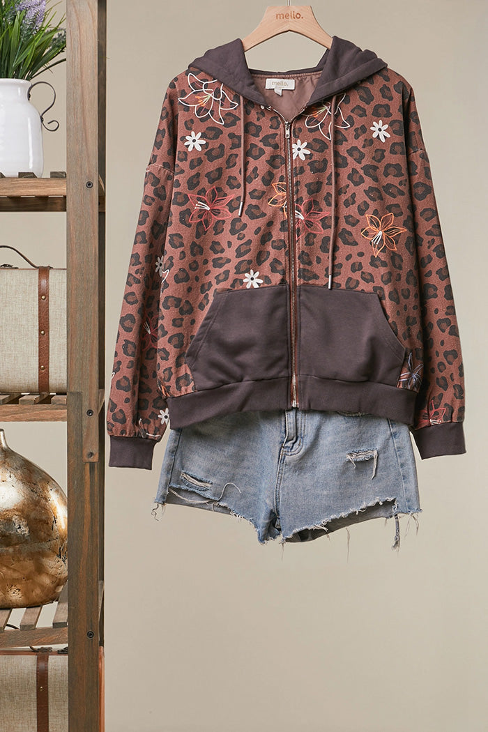 Floral Embroidered Leopard Zip-Up Hoodie Jacket