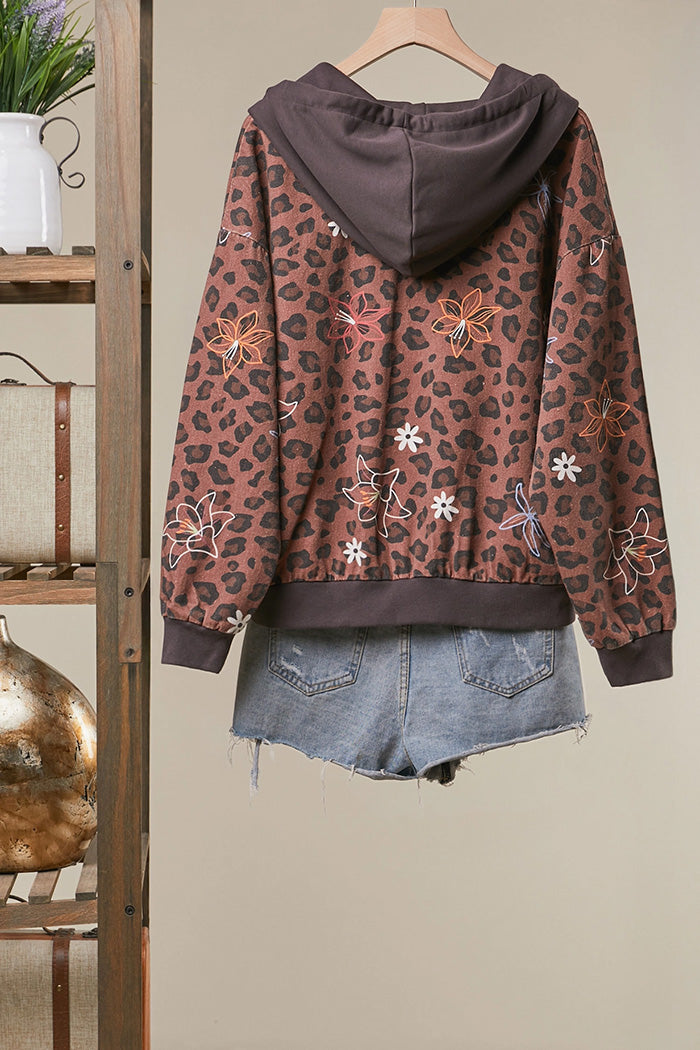 Floral Embroidered Leopard Zip-Up Hoodie Jacket