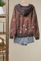 Floral Embroidered Leopard Zip-Up Hoodie Jacket