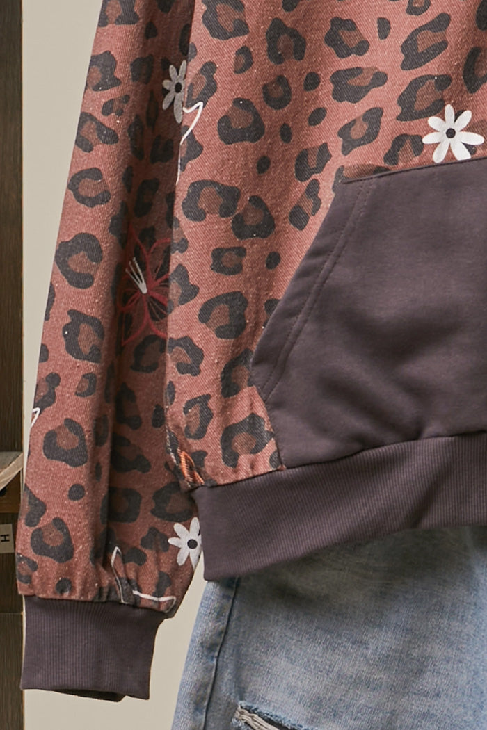 Floral Embroidered Leopard Zip-Up Hoodie Jacket