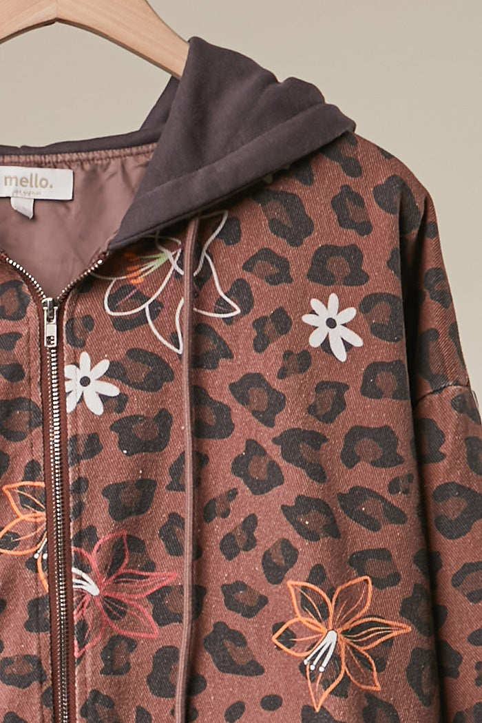 Floral Embroidered Leopard Zip-Up Hoodie Jacket
