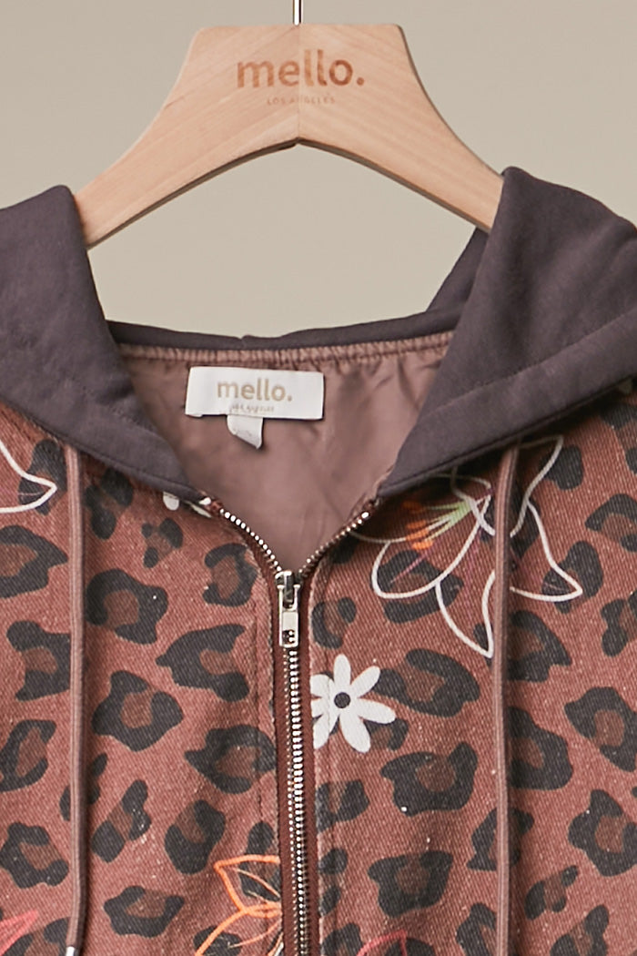 Floral Embroidered Leopard Zip-Up Hoodie Jacket