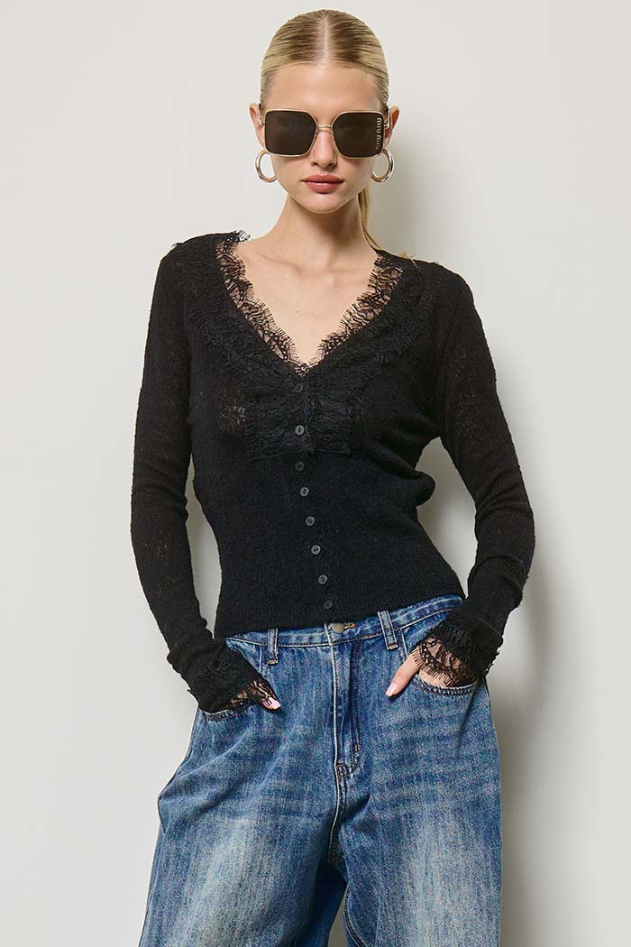 Lace Trim V-Neck Knit Cardigan