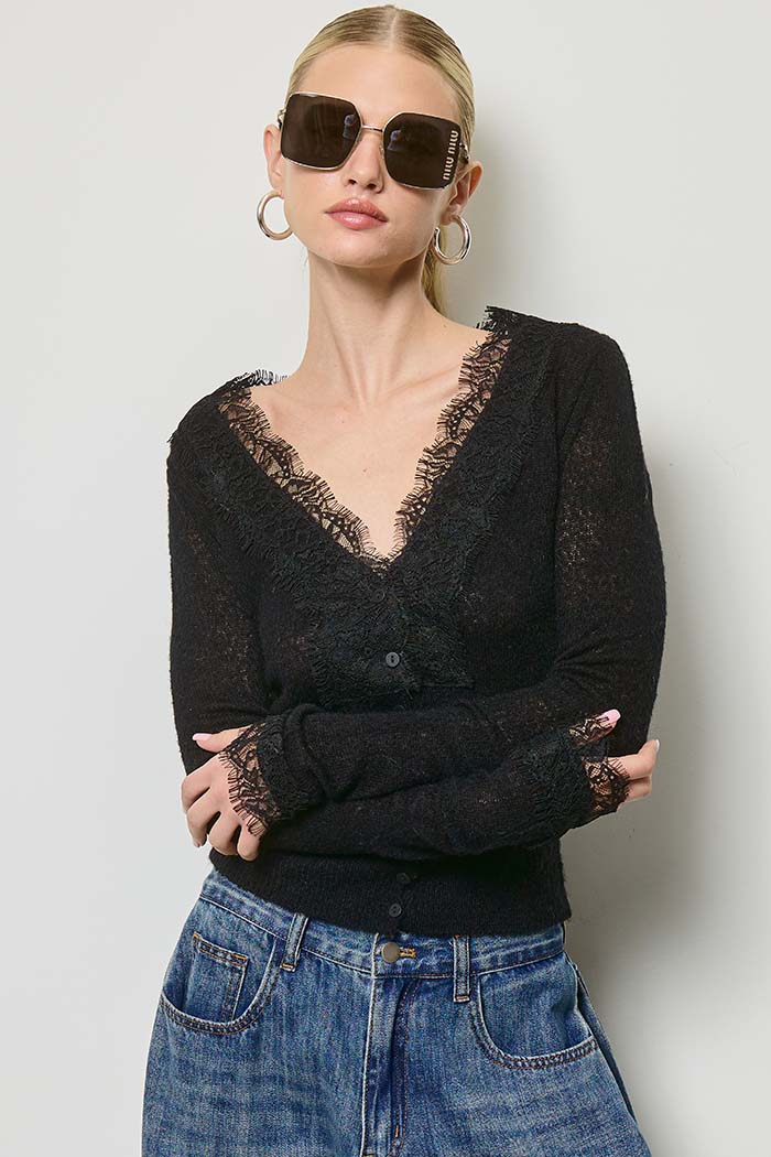 Lace Trim V-Neck Knit Cardigan