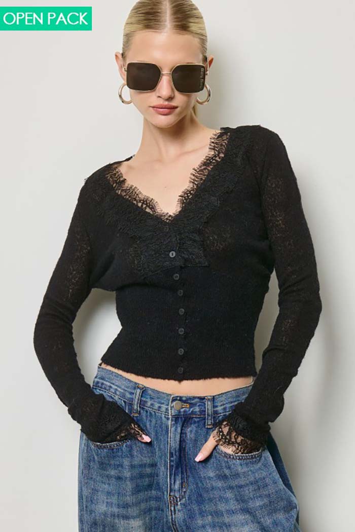 Lace Trim V-Neck Knit Cardigan