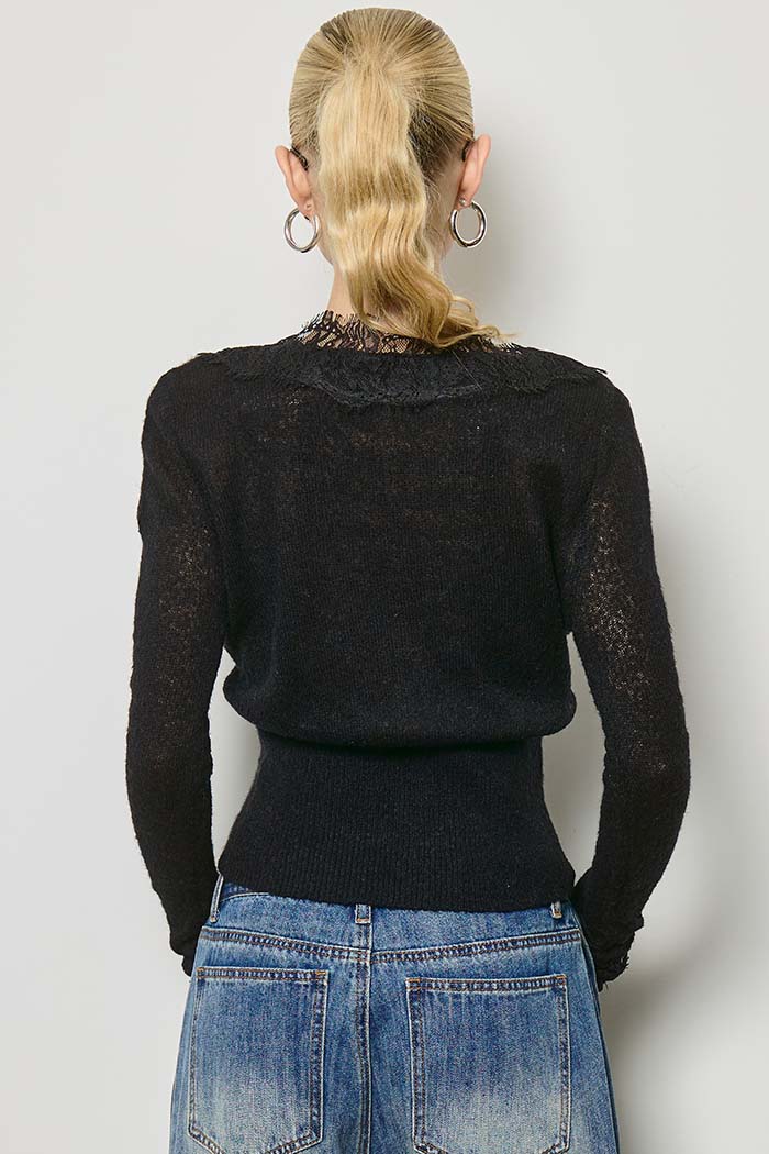 Lace Trim V-Neck Knit Cardigan