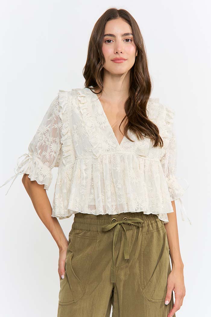 Floral Embroidered Ruffle Blouse
