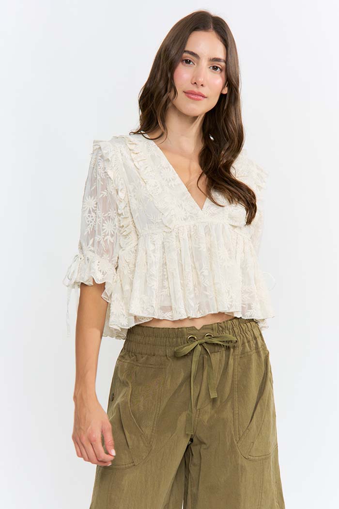 Floral Embroidered Ruffle Blouse