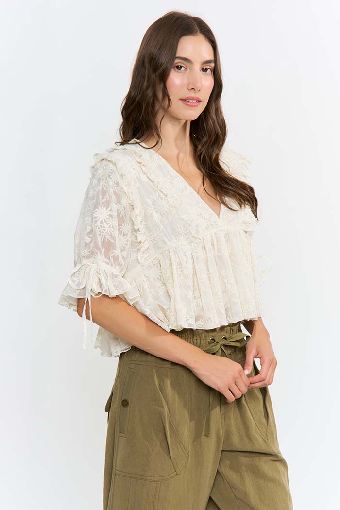 Floral Embroidered Ruffle Blouse
