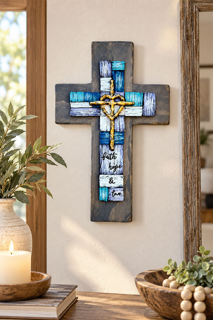 Wooden Wall Cross with Turquoise Accents