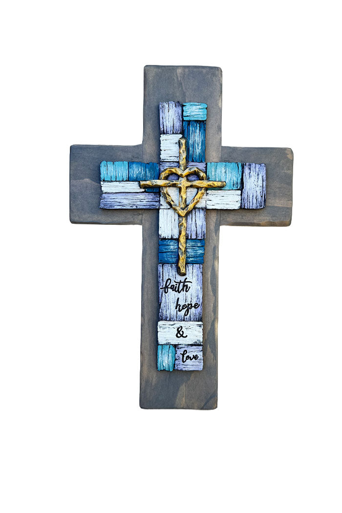 Wooden Wall Cross with Turquoise Accents