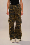 Camo Cargo Pants with Studs and Drawstring