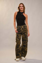 Camo Cargo Pants with Studs and Drawstring
