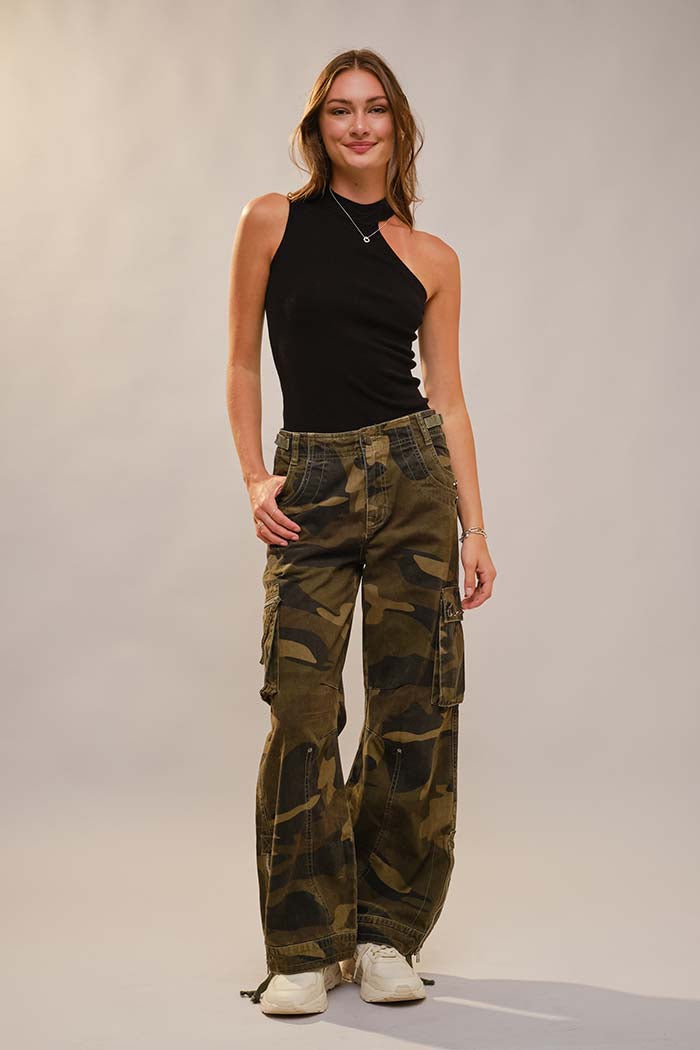 Camo Cargo Pants with Studs and Drawstring