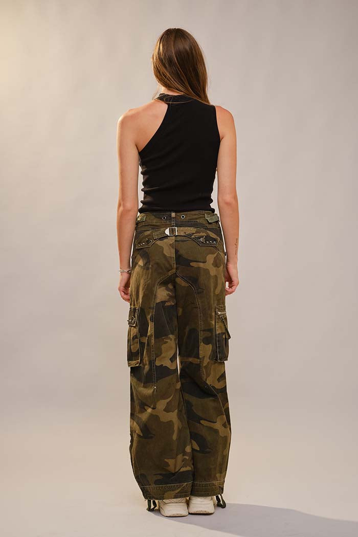 Camo Cargo Pants with Studs and Drawstring