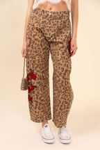 Rose Embroidered Leopard Barrel Pants