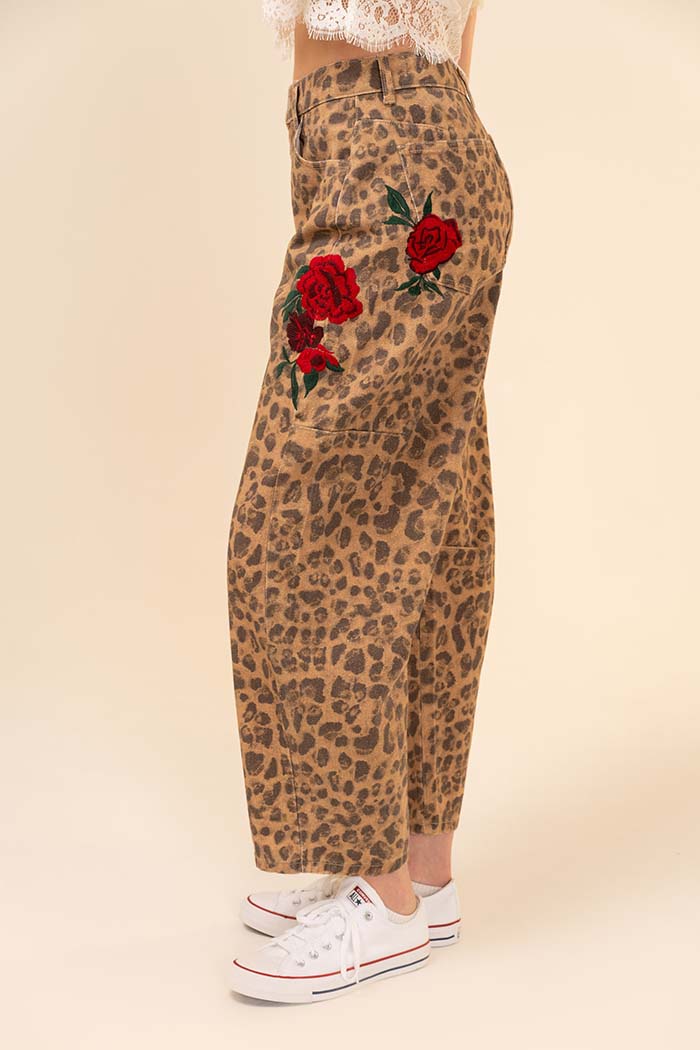 Rose Embroidered Leopard Barrel Pants