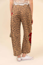 Rose Embroidered Leopard Barrel Pants
