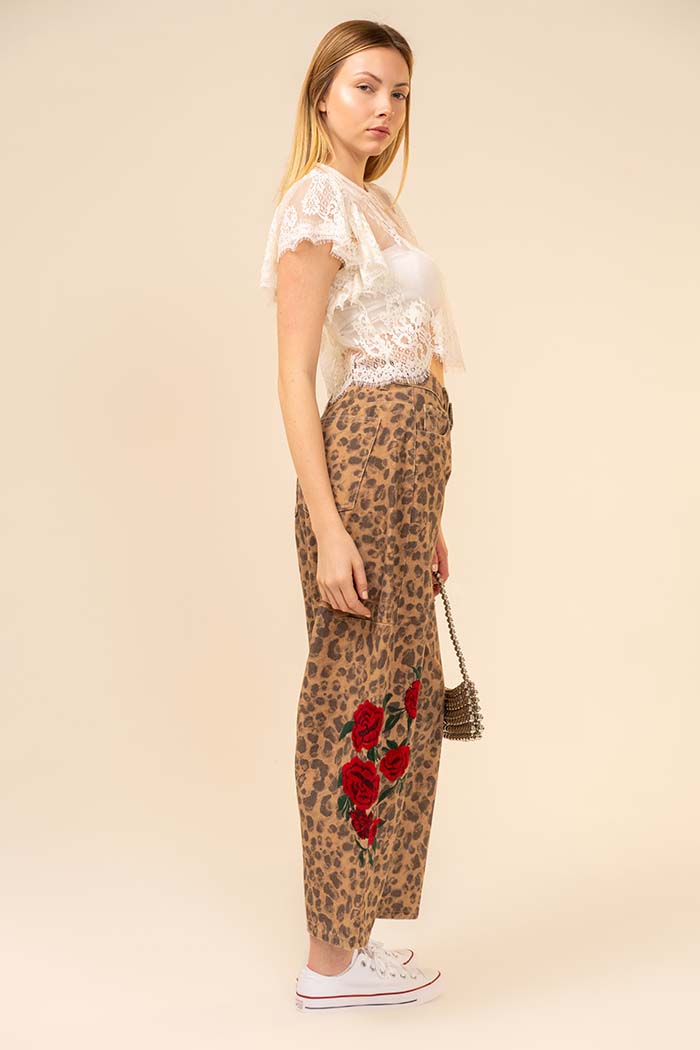 Rose Embroidered Leopard Barrel Pants