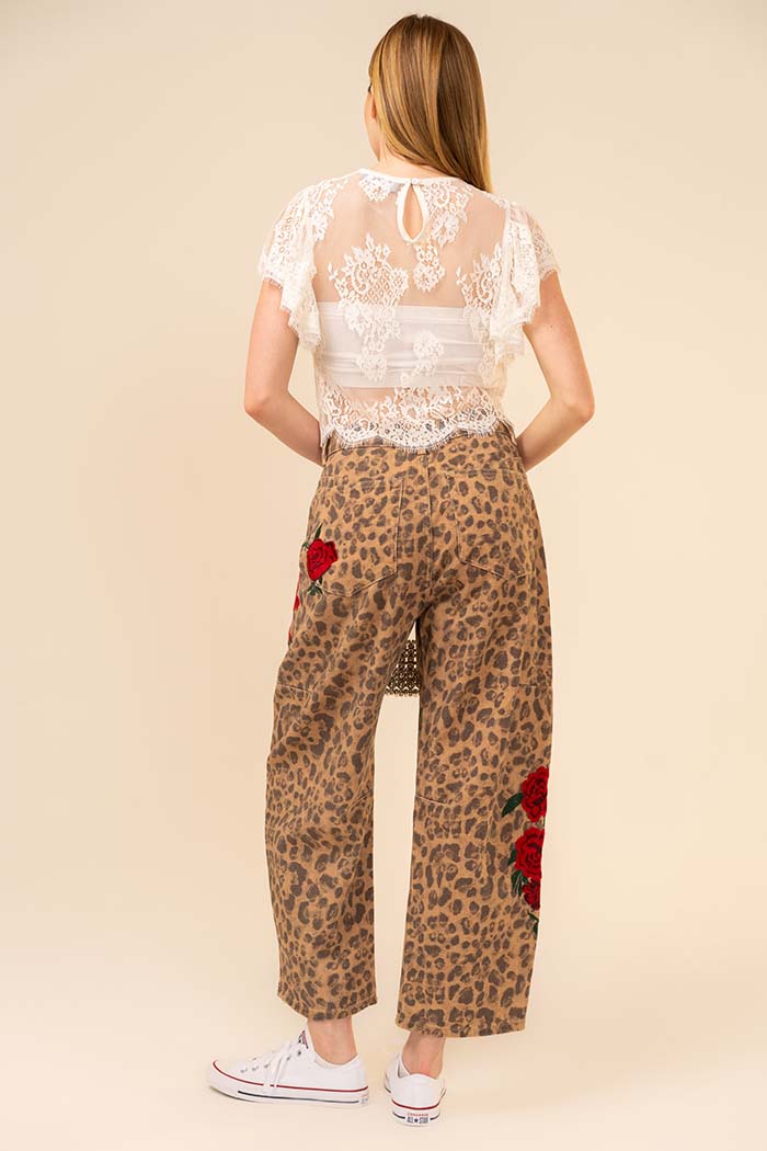 Rose Embroidered Leopard Barrel Pants