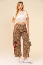 Rose Embroidered Leopard Barrel Pants