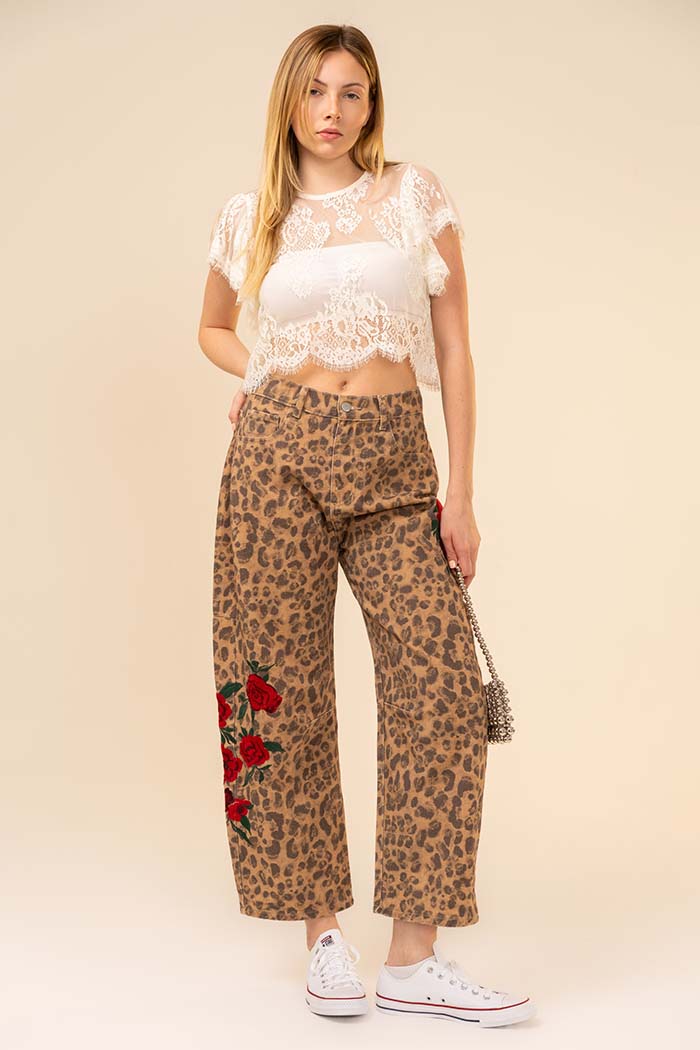 Rose Embroidered Leopard Barrel Pants