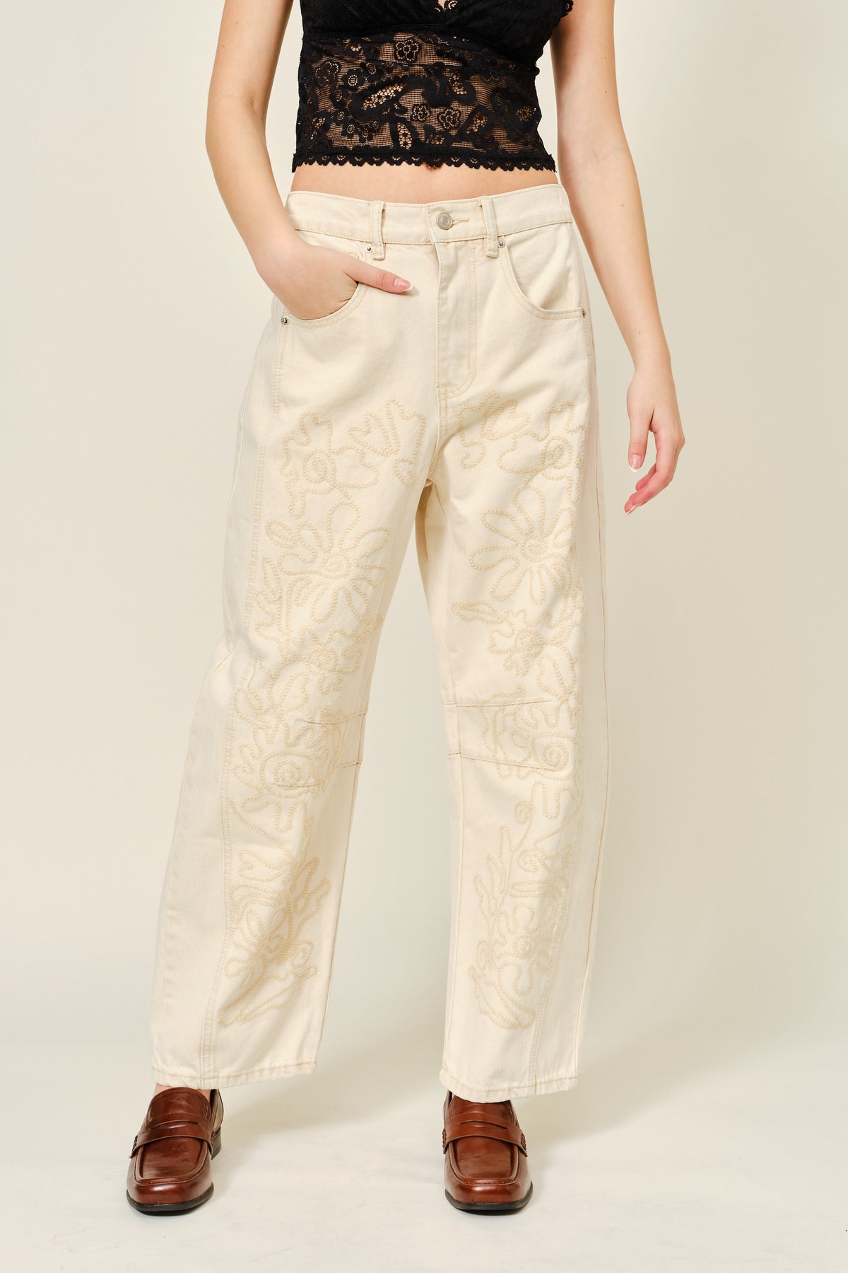 Floral Embroidered Barrel Pants