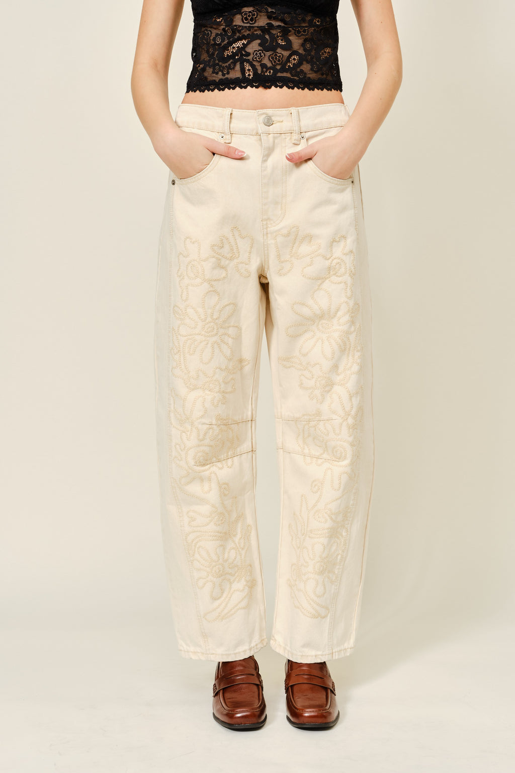 Floral Embroidered Barrel Pants