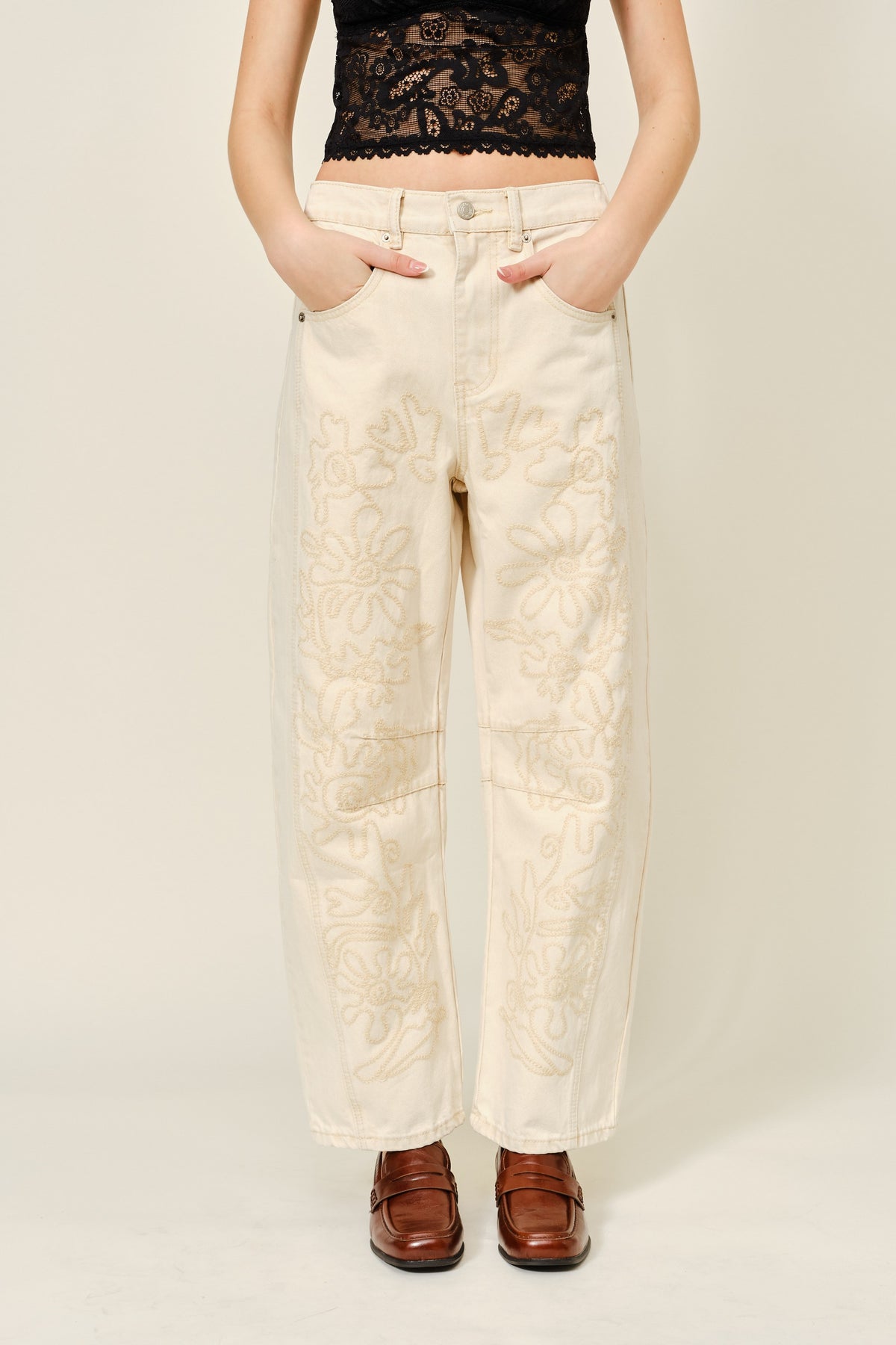 Floral Embroidered Barrel Pants