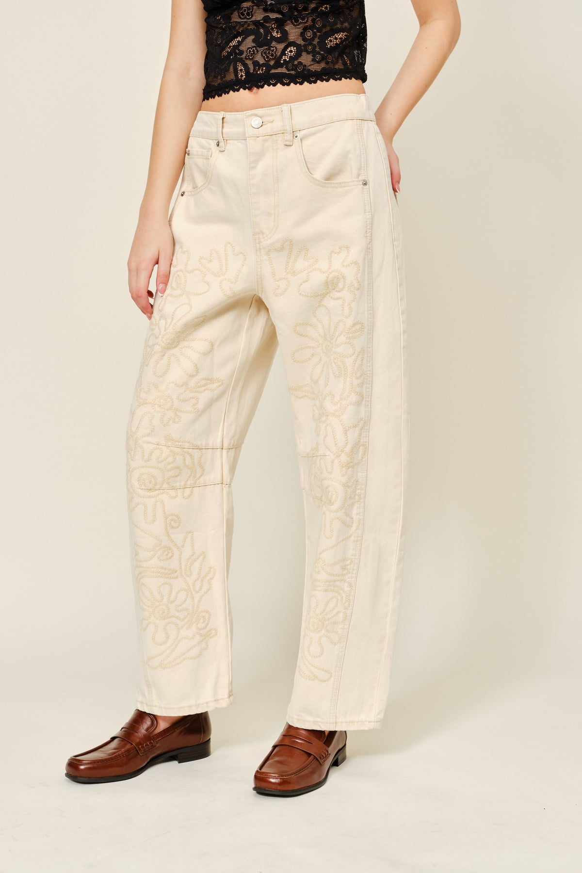 Floral Embroidered Barrel Pants