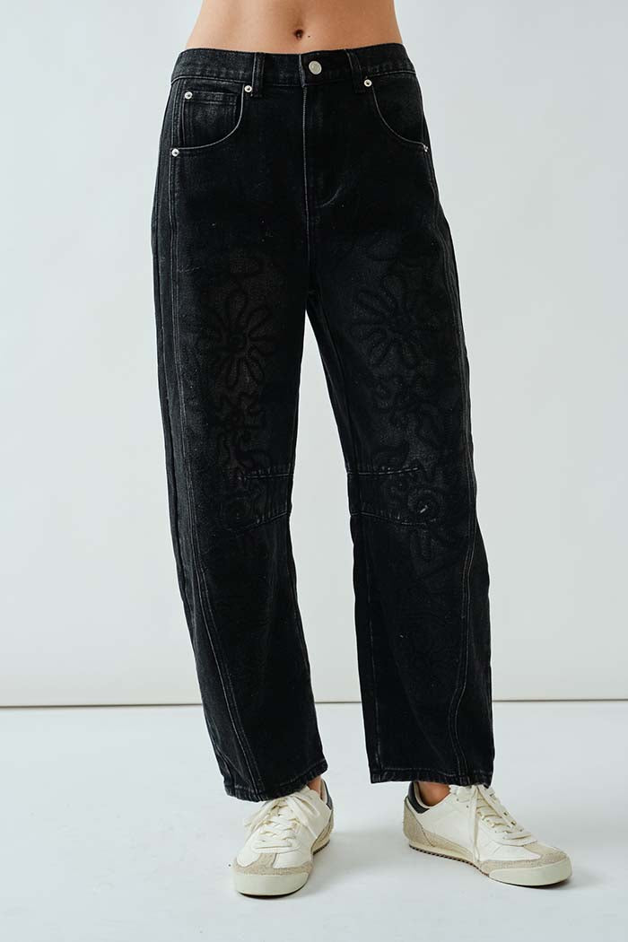 Floral Embroidered Barrel Pants