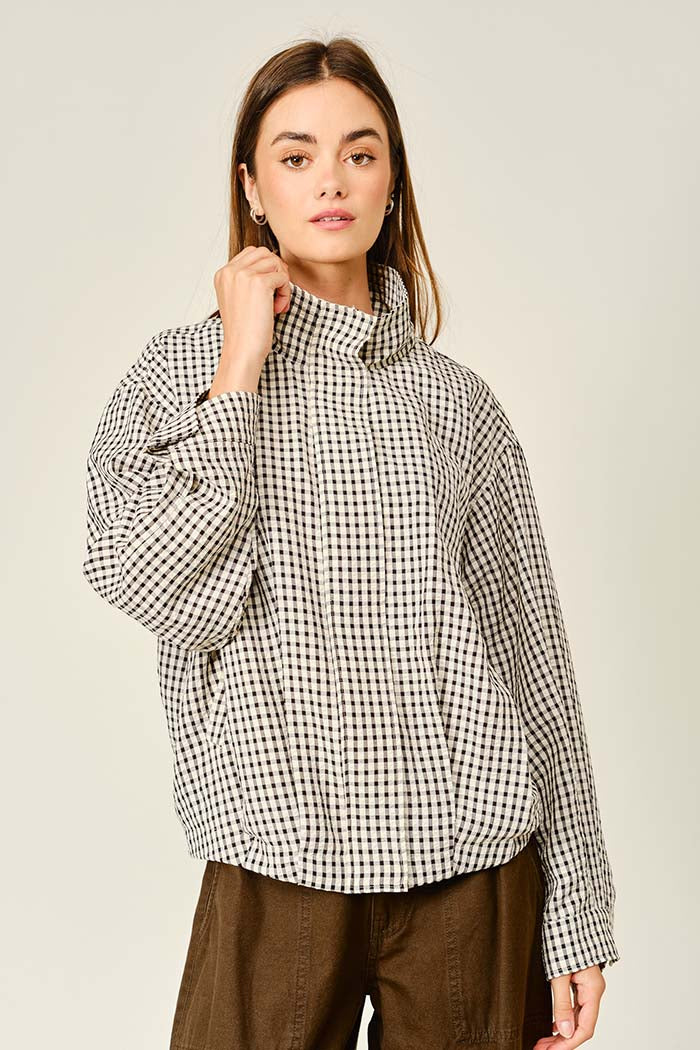 Plaid Funnel Neck Zip-Up Jacket