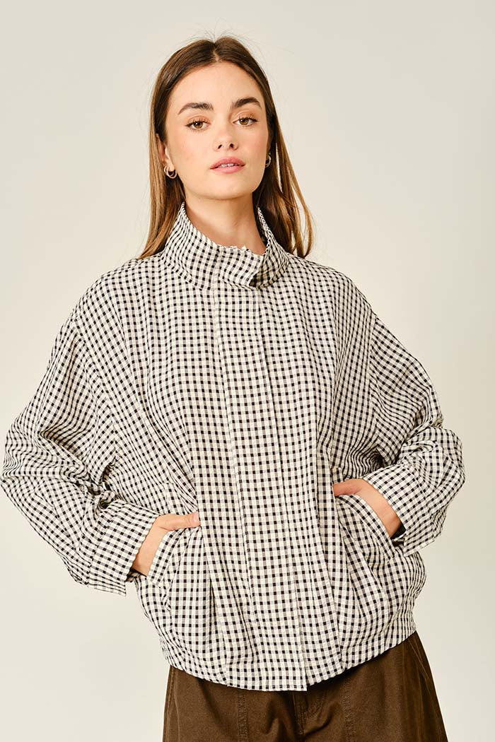 Plaid Funnel Neck Zip-Up Jacket