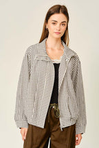 Plaid Funnel Neck Zip-Up Jacket