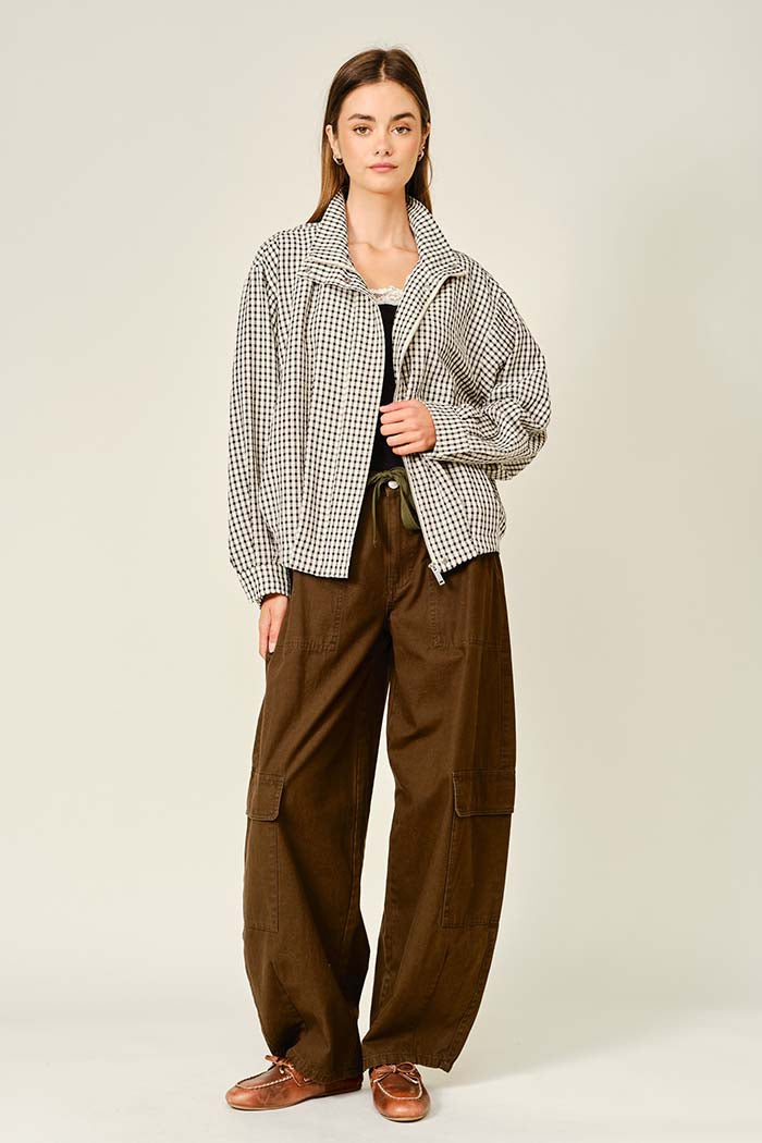 Plaid Funnel Neck Zip-Up Jacket